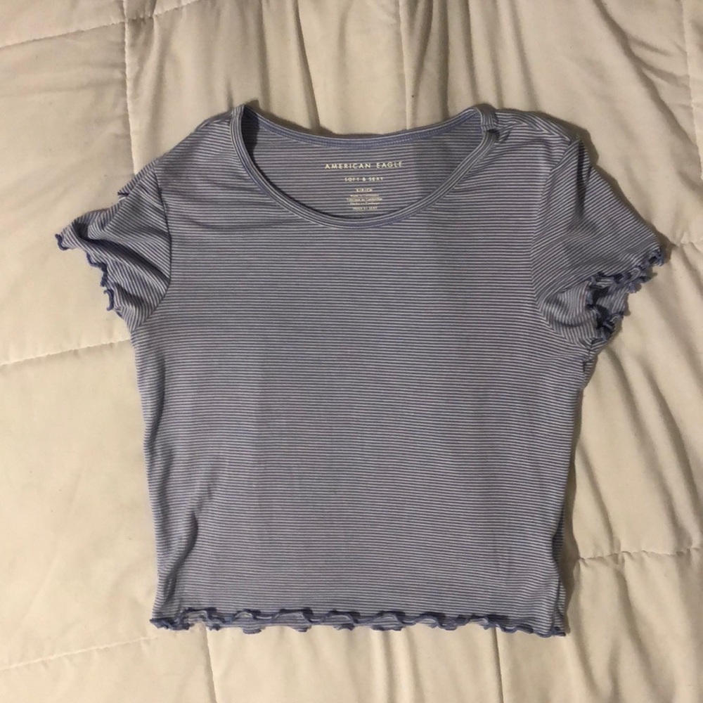 Blue and White cropped t-shirt with frilled edges